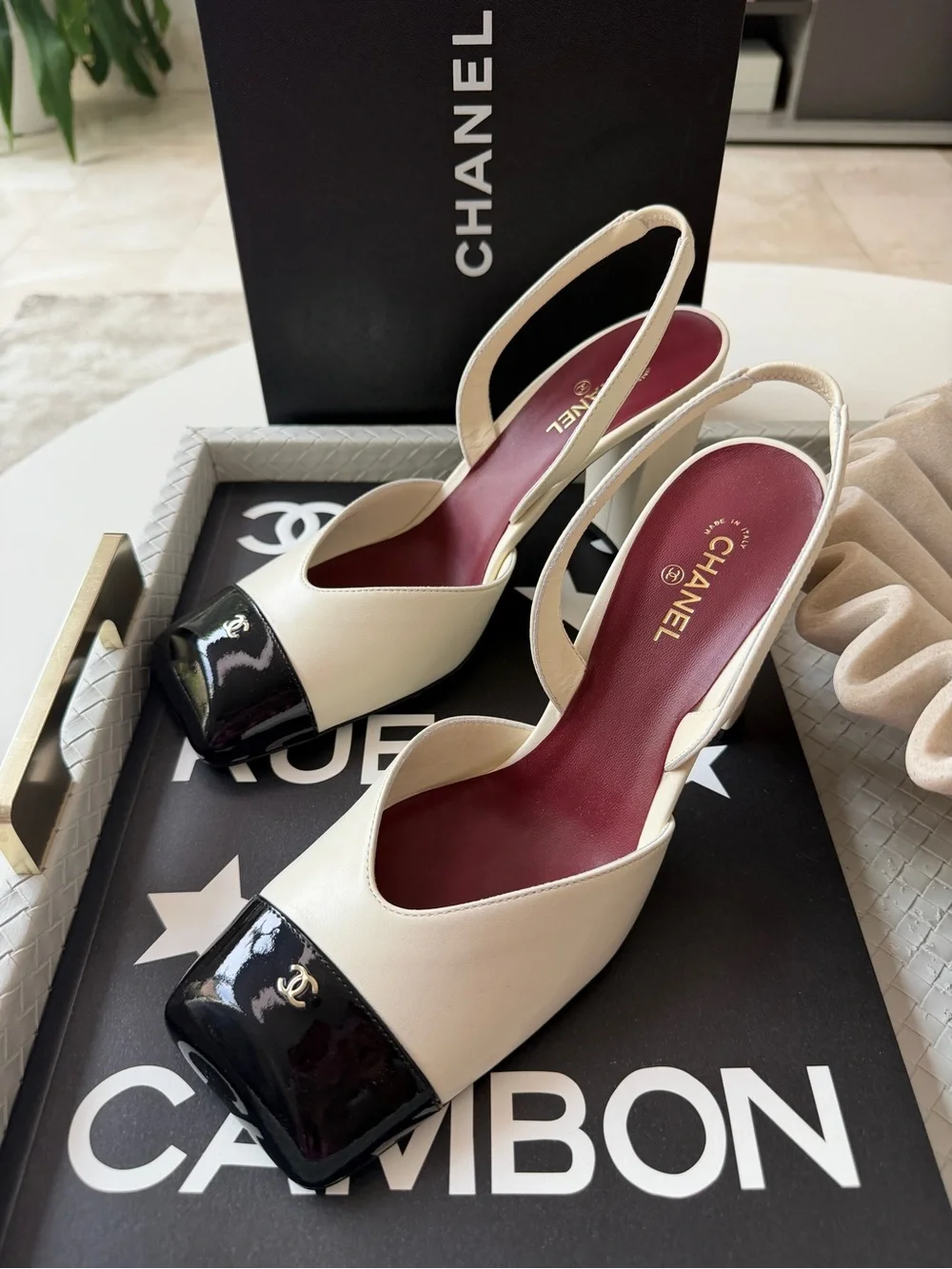 Chanel 26S Blazy Ivory Ecru Black Square Cap Toe Sling CC Slingback Heel Pump 40